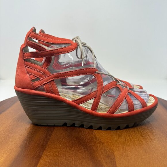 Fly London Yuke Sandals Size 41 US 10-10.5 Brick Orange Leather Wedge - Picture 1 of 12